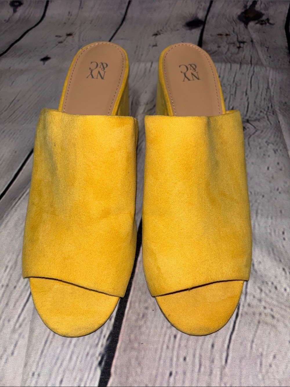 New York & Company Yellow Suede Open-Toe Mule Heels